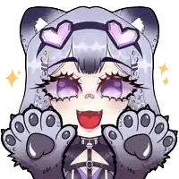a cartoon drawing of a girl with purple eyes and paws