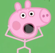 a cartoon pig with a surprised look on his face is standing on a stick .