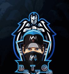 a logo for btg with a man wearing a mask on his face