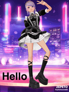 a girl in a black and white dress is standing on a stage with the words hello behind her