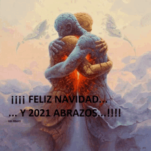 a painting of two people hugging with the words feliz navidad