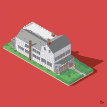 an isometric drawing of a house with a porch and a chimney