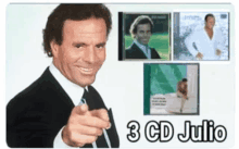 a man in a suit and tie pointing at the camera with the words 3 cd julio written below him