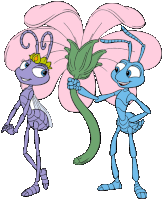 a couple of cartoon ants standing next to each other holding a flower