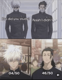 two anime characters are standing next to each other in a hallway and talking .