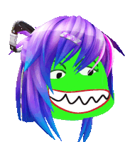 a drawing of a girl with purple hair and a green face with sharp teeth