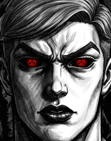 a drawing of a man 's face with red eyes