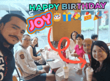 a group of people sitting at a table with the words happy birthday joy it written above them