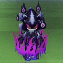 a shadow the hedgehog is surrounded by purple flames on a green background .