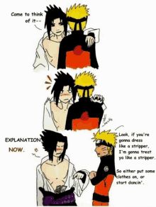 a comic strip shows naruto and sasuke talking about their clothes