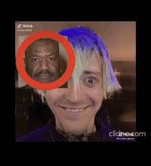 a man with blue hair and a black man in a circle with tik tok written on the bottom