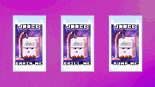 three posters for juice drain me spill me and pump me are displayed on a purple background