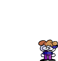 a cartoon character with a purple shirt and purple pants is standing in front of a white background .