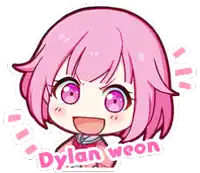 a cartoon girl with pink hair and the name dylan weon on the bottom
