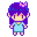 a pixel art of a girl with purple hair and a bow on her head .