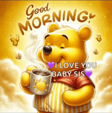 a picture of winnie the pooh holding a cup of coffee