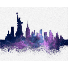 a painting of a city skyline with the statue of liberty