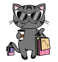 a cartoon cat wearing sunglasses is holding a cup of coffee and shopping bags with the letter m and p on them