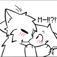 a black and white drawing of two cats kissing each other with the words m- !! ? written below them .