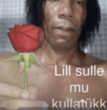 a shirtless man is holding a red rose with a caption that says ' lill sulle mu kullatükk '