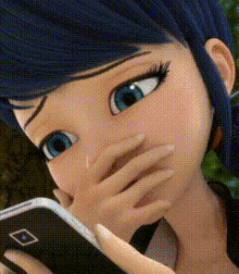 a cartoon girl is covering her mouth with her hand while looking at her phone .