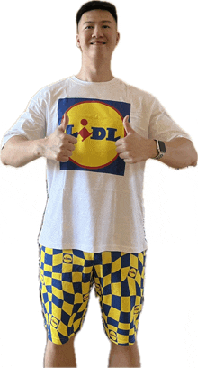 a man wearing a white shirt with a lidl logo on it giving a thumbs up