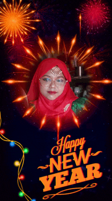 a woman in a red head scarf is surrounded by fireworks and the words happy new year