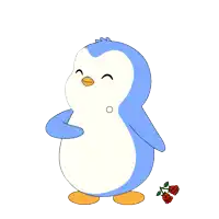 a blue and white penguin is standing next to roses