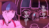 a drawing of a girl with purple hair and a car in the background with chinese writing