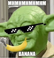 a picture of yoda wearing sunglasses with a banana in front of him