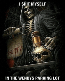 a grim reaper is holding a hammer over a skull and a sign that says guilty