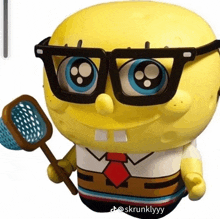 spongebob wearing glasses and holding a lacrosse net with the hashtag skrunklyyy