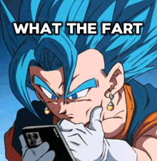 a cartoon character with blue hair is looking at a cell phone and the words what the fart are above him