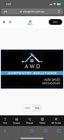 a business card for awd carpentry solutions is being created