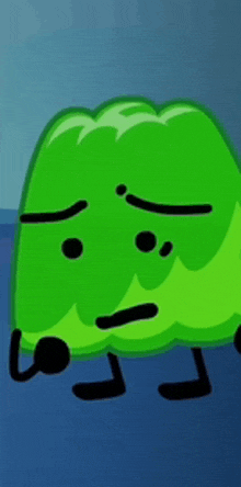 a green cartoon character with a sad face and black arms and legs .