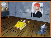 a cartoon of spongebob laying on the floor next to a picture of a man in a suit .