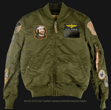 a green bomber jacket with a patch that says " air crew "