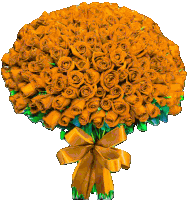 a bunch of orange roses with a yellow ribbon