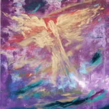 a colorful painting of an angel with wings spread