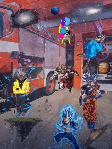 a group of dragon ball characters are standing around a fire truck