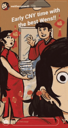 a cartoon drawing of a man and a woman with the caption " early cny time with the best wens "