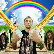 a man giving the middle finger in front of a rainbow and two gold swords