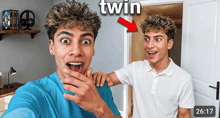 two young men are standing next to each other with the words twin on the bottom