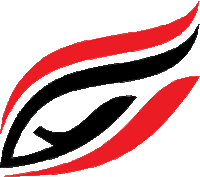 a red , black and white logo with an eye in the center