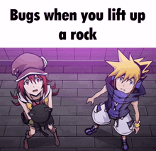 a couple of anime characters standing next to each other with the words bugs when you lift up a rock below them