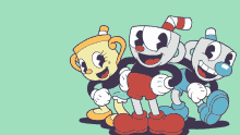 three cuphead characters are standing next to each other and smiling