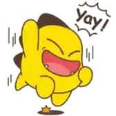 a yellow cartoon character is laughing and says yay .