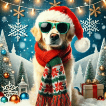 a dog wearing a santa hat , scarf , sunglasses and a sweater is sitting in the snow .