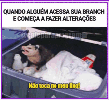 a picture of an opossum in a trash can with the caption " quando alguem acesso sua branch "