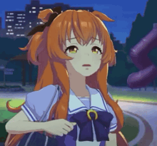 a girl with long orange hair and a purple bow is standing in a park with a playground in the background .